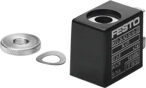 Festo 536931 solenoid coil MSFG-24-EX With knurled nut and spring washer. Assembly position: Any, Min. pickup time: 10 ms, Duty cycle: 100 %, Characteristic coil data: 24 V DC: 4.5 W, Permissible voltage fluctuation: +/- 10 % Festo 536931 solenoid coil MSFG-24-EX With knurled nut and spring washer. Assembly position: Any, Min. pickup time: 10 ms, Duty cycle: 100 %, Characteristic coil data: 24 V DC: 4.5 W, Permissible voltage fluctuation: +/- 10 %