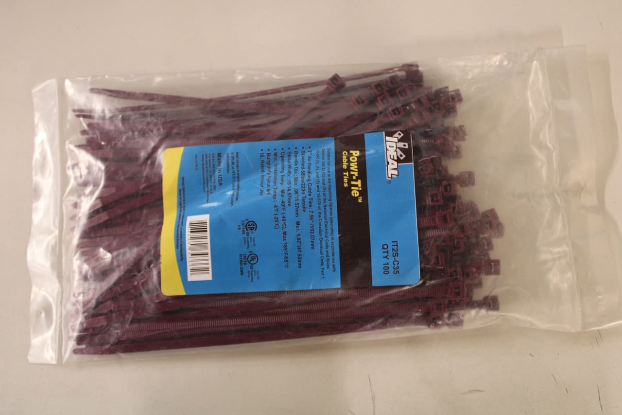 Ideal Industries IT2S-C35 7.5" x 0.18", 0.053" Thick, 1/16 to 1-7/8" Bundle Diameter, 50 Lb Tensile Strength, Burgundy, Nylon, Standard Ideal Industries IT2S-C35 7.5" x 0.18", 0.053" Thick, 1/16 to 1-7/8" Bundle Diameter, 50 Lb Tensile Strength, Burgundy, Nylon, Standard