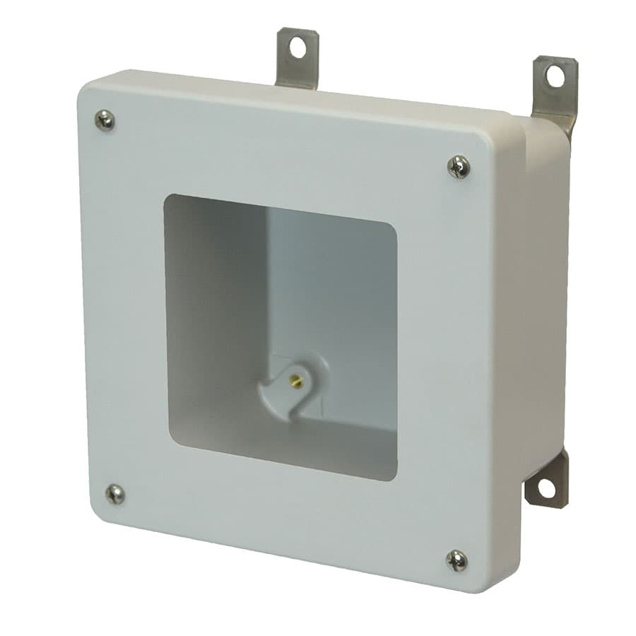 Allied Moulded Products AM664W 6"x6"x4" AM Series fiberglass wall mount enclosure assembly with 4-screw lift-off window cover Allied Moulded Products AM664W 6"x6"x4" AM Series fiberglass wall mount enclosure assembly with 4-screw lift-off window cover