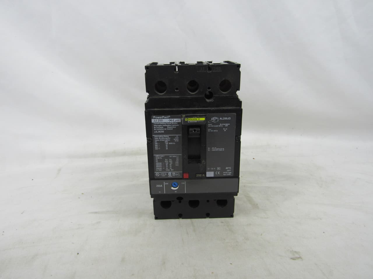 Schneider Electric JJL36250 Square D by Schneider Electric JJL36250 is a Moulded Case Circuit Breaker (MCCB) within the PowerPacT JJL sub-range, featuring a PowerPact J-Frame design. This 3-pole (3P) circuit breaker is rated for 250A with a thermal protection for overload and magnetic protection for short-circuit scenarios. It supports a rated insulation voltage (Ui) of 750 V, an AC rated voltage of 600Vac and 600Y/347Vac, and a DC rated voltage of 250Vdc. The JJL36250 is designed for individual unit mount on plate with lugs on both load and line sides for connection, boasting a net height of 191 mm, width of 105 mm, and depth of 127 mm. It offers a degree of protection of IP40 and operates manually via a toggle. The protection settings include over-current fixed at 250A and short-circuit pickup current adjustable between 1250A and 2500A. Its rated operating voltage (Ue) is 690 V, with a rated impulse voltage (Uimp) of 8 kV. The trip current rating is 250 AT, and the frame current rating is 250 AF. The short circuit breaking rating varies with voltage, up to 100kA at 240Vac and down to 20kA at 250Vdc, all in accordance with UL489 standards. The trip unit employs thermal-magnetic technology, adjustable, without a display, and falls under utilisation category A. Schneider Electric JJL36250 Square D by Schneider Electric JJL36250 is a Moulded Case Circuit Breaker (MCCB) within the PowerPacT JJL sub-range, featuring a PowerPact J-Frame design. This 3-pole (3P) circuit breaker is rated for 250A with a thermal protection for overload and magnetic protection for short-circuit scenarios. It supports a rated insulation voltage (Ui) of 750 V, an AC rated voltage of 600Vac and 600Y/347Vac, and a DC rated voltage of 250Vdc. The JJL36250 is designed for individual unit mount on plate with lugs on both load and line sides for connection, boasting a net height of 191 mm, width of 105 mm, and depth of 127 mm. It offers a degree of protection of IP40 and operates manually via a toggle. The protection settings include over-current fixed at 250A and short-circuit pickup current adjustable between 1250A and 2500A. Its rated operating voltage (Ue) is 690 V, with a rated impulse voltage (Uimp) of 8 kV. The trip current rating is 250 AT, and the frame current rating is 250 AF. The short circuit breaking rating varies with voltage, up to 100kA at 240Vac and down to 20kA at 250Vdc, all in accordance with UL489 standards. The trip unit employs thermal-magnetic technology, adjustable, without a display, and falls under utilisation category A.