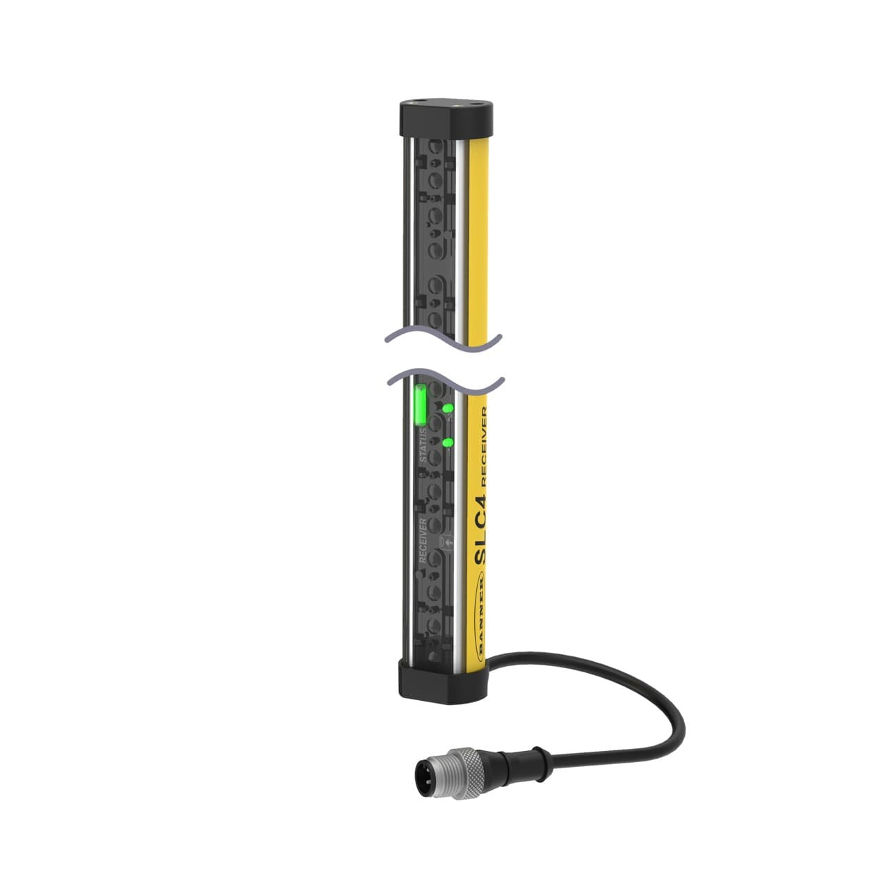 Banner SLC4R14-320P4 Banner Engineering SLC4R14-320P4 is a safety light curtain designed specifically as a receiver unit. It features a polycarbonate (PC) housing and end cap, ensuring durability in various industrial environments. This unit is pre-wired with a 300mm pigtail that terminates with a 4-pin Euro-style M12 connector for straightforward installation. It offers a protective height of 320mm and comes in a yellow housing, making it easily identifiable. The SLC4R14-320P4 operates on a 24Vdc supply voltage and can function within an ambient air temperature range of -20 to +55°C. It is rated with an IP65 degree of protection, indicating a high level of resistance to dust and water ingress. The dimensions of this safety light curtain are 27mm in width, 333mm in height, and 23mm in depth, with a 14mm beam spacing/pitch that allows for finger detection resolution. It also features 2 x digital outputs (24Vdc; 300mA; sourcing; redundant OSSD solid-state outputs) and is capable of sensing distances ranging from 10cm to 2m. Banner SLC4R14-320P4 Banner Engineering SLC4R14-320P4 is a safety light curtain designed specifically as a receiver unit. It features a polycarbonate (PC) housing and end cap, ensuring durability in various industrial environments. This unit is pre-wired with a 300mm pigtail that terminates with a 4-pin Euro-style M12 connector for straightforward installation. It offers a protective height of 320mm and comes in a yellow housing, making it easily identifiable. The SLC4R14-320P4 operates on a 24Vdc supply voltage and can function within an ambient air temperature range of -20 to +55°C. It is rated with an IP65 degree of protection, indicating a high level of resistance to dust and water ingress. The dimensions of this safety light curtain are 27mm in width, 333mm in height, and 23mm in depth, with a 14mm beam spacing/pitch that allows for finger detection resolution. It also features 2 x digital outputs (24Vdc; 300mA; sourcing; redundant OSSD solid-state outputs) and is capable of sensing distances ranging from 10cm to 2m.