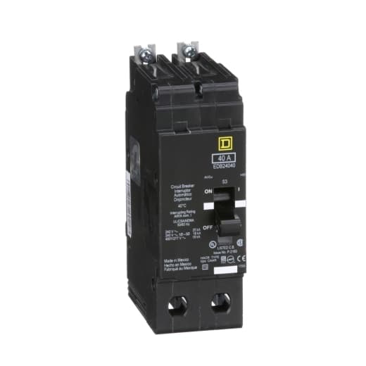 Schneider Electric EDB24040 Square D by Schneider Electric EDB24040 is a Miniature Circuit Breaker (MCB) designed for bolt-on mounting with a visual trip indicator. It features lugs type terminals and is rated for 480 V AC. This MCB serves as both an Equipment Protection Device (EPD) and a Circuit Breaker (CB) with a breaking capacity code D. It offers short-circuit and overload protection through its thermal-magnetic trip unit, which has a rating of 1800A. The EDB24040 is equipped for aluminium lugs connection and supports a rated current of 40A across 2 poles. It accommodates a cross-section range of 12-2/0AWG and has a short circuit breaking rating of 25kA at 120Vac and 240Vac, and 18kA at 480Y/277Vac. Schneider Electric EDB24040 Square D by Schneider Electric EDB24040 is a Miniature Circuit Breaker (MCB) designed for bolt-on mounting with a visual trip indicator. It features lugs type terminals and is rated for 480 V AC. This MCB serves as both an Equipment Protection Device (EPD) and a Circuit Breaker (CB) with a breaking capacity code D. It offers short-circuit and overload protection through its thermal-magnetic trip unit, which has a rating of 1800A. The EDB24040 is equipped for aluminium lugs connection and supports a rated current of 40A across 2 poles. It accommodates a cross-section range of 12-2/0AWG and has a short circuit breaking rating of 25kA at 120Vac and 240Vac, and 18kA at 480Y/277Vac.