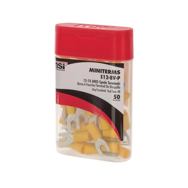 NSI Industries S12-8V-P S12-8V-P NSI - Wire Terminal Spade Vinyl Insulated 12-10 Awg 8, Pro Pack Bottle (50 Ea) NSI Industries S12-8V-P S12-8V-P NSI - Wire Terminal Spade Vinyl Insulated 12-10 Awg 8, Pro Pack Bottle (50 Ea)