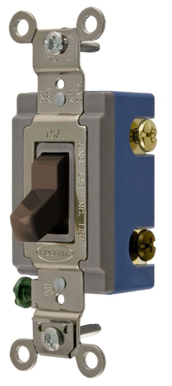 Hubbell HBL1203 Switches and Lighting Controls, Extra Heavy Duty Industrial Grade, Toggle Switches, General Purpose AC, Three Way, 15A 120/277V AC, Back and Side Wired, Brown Toggle ; Large brass binding head screws with deep slots ; Abuse resistant nylon toggle ; Strip Hubbell HBL1203 Switches and Lighting Controls, Extra Heavy Duty Industrial Grade, Toggle Switches, General Purpose AC, Three Way, 15A 120/277V AC, Back and Side Wired, Brown Toggle ; Large brass binding head screws with deep slots ; Abuse resistant nylon toggle ; Strip