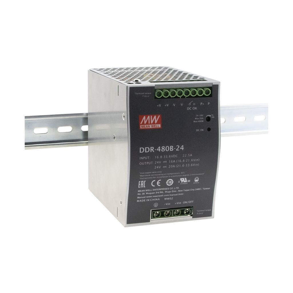 MEAN WELL DDR-480C-24 DC-DC Ultra slim Industrial DIN rail converter; Input 33.6-67.2Vdc; Single Output 24Vdc at 20A; DC OK and remote ON/OFF MEAN WELL DDR-480C-24 DC-DC Ultra slim Industrial DIN rail converter; Input 33.6-67.2Vdc; Single Output 24Vdc at 20A; DC OK and remote ON/OFF