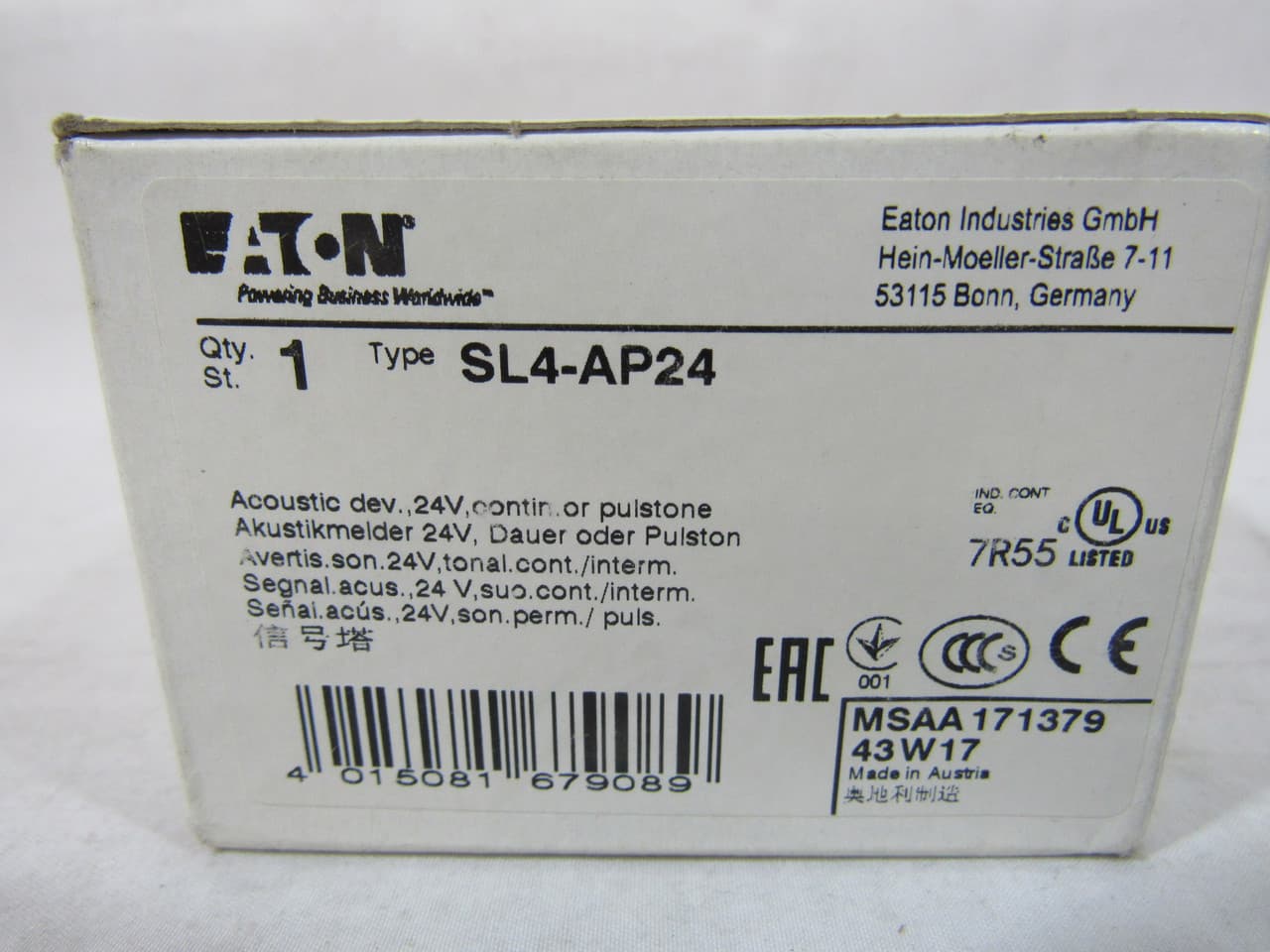 Eaton SL4-AP24 SL4-AP24 Eaton - Acoustic Module, SL4, 40 mm, Continuous tone, 39A max., 24 Vac/Vdc, Black, 80 dB, UL type 4, 4X, 13 , IP66 Eaton SL4-AP24 SL4-AP24 Eaton - Acoustic Module, SL4, 40 mm, Continuous tone, 39A max., 24 Vac/Vdc, Black, 80 dB, UL type 4, 4X, 13 , IP66