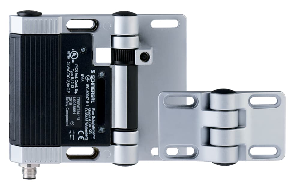 Schmersal TESF/ST24.2/0 Safety switch for hinged guards; Hinge safety switch; 1 cable entries M 16 x 1.5; with fixed switching angle; 1 connector M12, 8-pole; Metal enclosure; Good resistance to oil and petroleum spirit; For left or right hinged doors; 141 mm x 115 mm x 21,5 mm; Schmersal TESF/ST24.2/0 Safety switch for hinged guards; Hinge safety switch; 1 cable entries M 16 x 1.5; with fixed switching angle; 1 connector M12, 8-pole; Metal enclosure; Good resistance to oil and petroleum spirit; For left or right hinged doors; 141 mm x 115 mm x 21,5 mm;