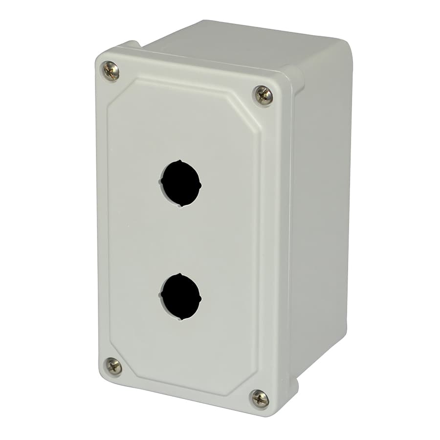 Allied Moulded Products AM2PB22 7"x4"x3" AM Series fiberglass small junction box with 4-screw lift-off cover and 2 (22.5mm) pushbutton holes Allied Moulded Products AM2PB22 7"x4"x3" AM Series fiberglass small junction box with 4-screw lift-off cover and 2 (22.5mm) pushbutton holes