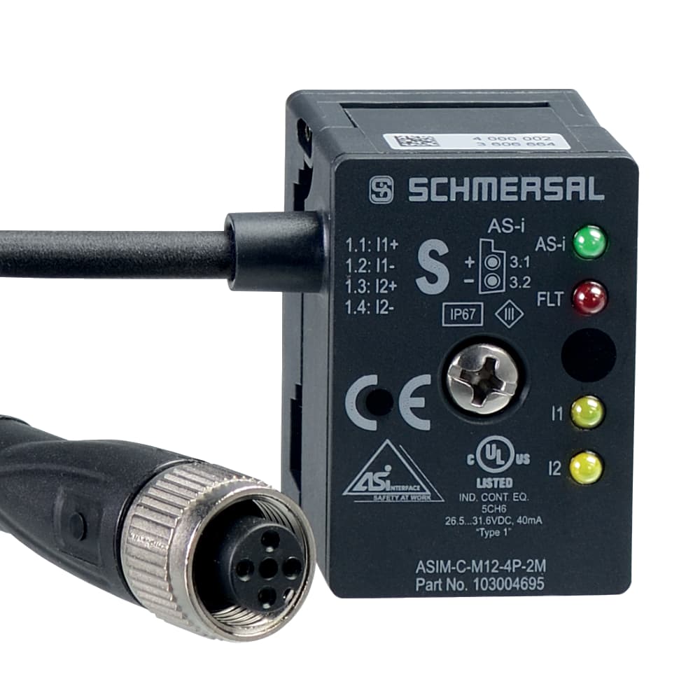 Schmersal ASIM-C-M12-4P-2M ASIM-C-M12-4P-2M Schmersal - AS interface safety at work; Safety switchgear; Compact Safety-Input module; Integrated in the passive junction; for 2 potential-free NC contacts; Protection class IP67 Schmersal ASIM-C-M12-4P-2M ASIM-C-M12-4P-2M Schmersal - AS interface safety at work; Safety switchgear; Compact Safety-Input module; Integrated in the passive junction; for 2 potential-free NC contacts; Protection class IP67