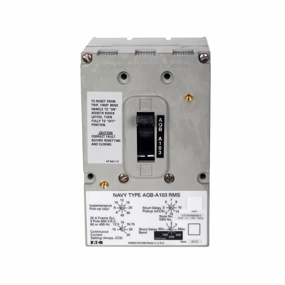 Eaton 1376D96G07 1376D96G07 Eaton - Eaton Navy and Marine complete molded case circuit breaker, AQB-A103, Complete breaker, Electronic LI trip type, 10-25A trip rating, Three-pole, 500 V, 15 kAIC at 500 V 60 Hz, 7.5 kAIC at 500 V 400 Hz, Naval, 115 V, 60/400 Hz Eaton 1376D96G07 1376D96G07 Eaton - Eaton Navy and Marine complete molded case circuit breaker, AQB-A103, Complete breaker, Electronic LI trip type, 10-25A trip rating, Three-pole, 500 V, 15 kAIC at 500 V 60 Hz, 7.5 kAIC at 500 V 400 Hz, Naval, 115 V, 60/400 Hz