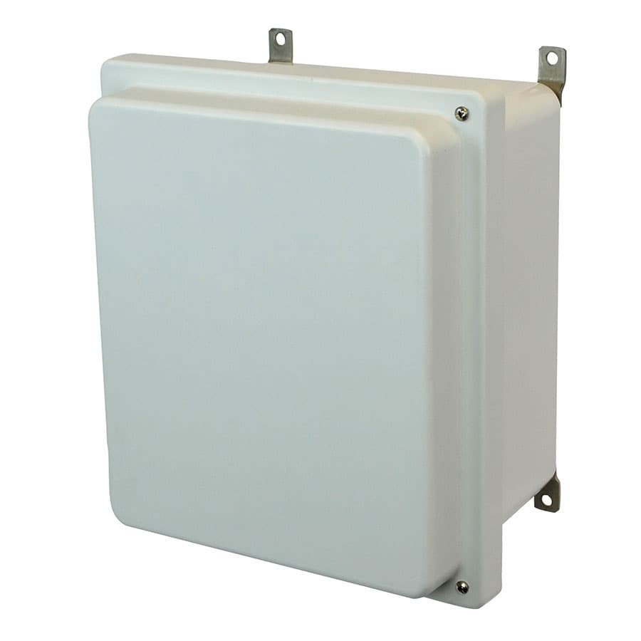 Allied Moulded Products AM1648RH 16"x14"x8" AM-R Series fiberglass wall mount enclosure assembly with raised 2-screw hinged cover Allied Moulded Products AM1648RH 16"x14"x8" AM-R Series fiberglass wall mount enclosure assembly with raised 2-screw hinged cover
