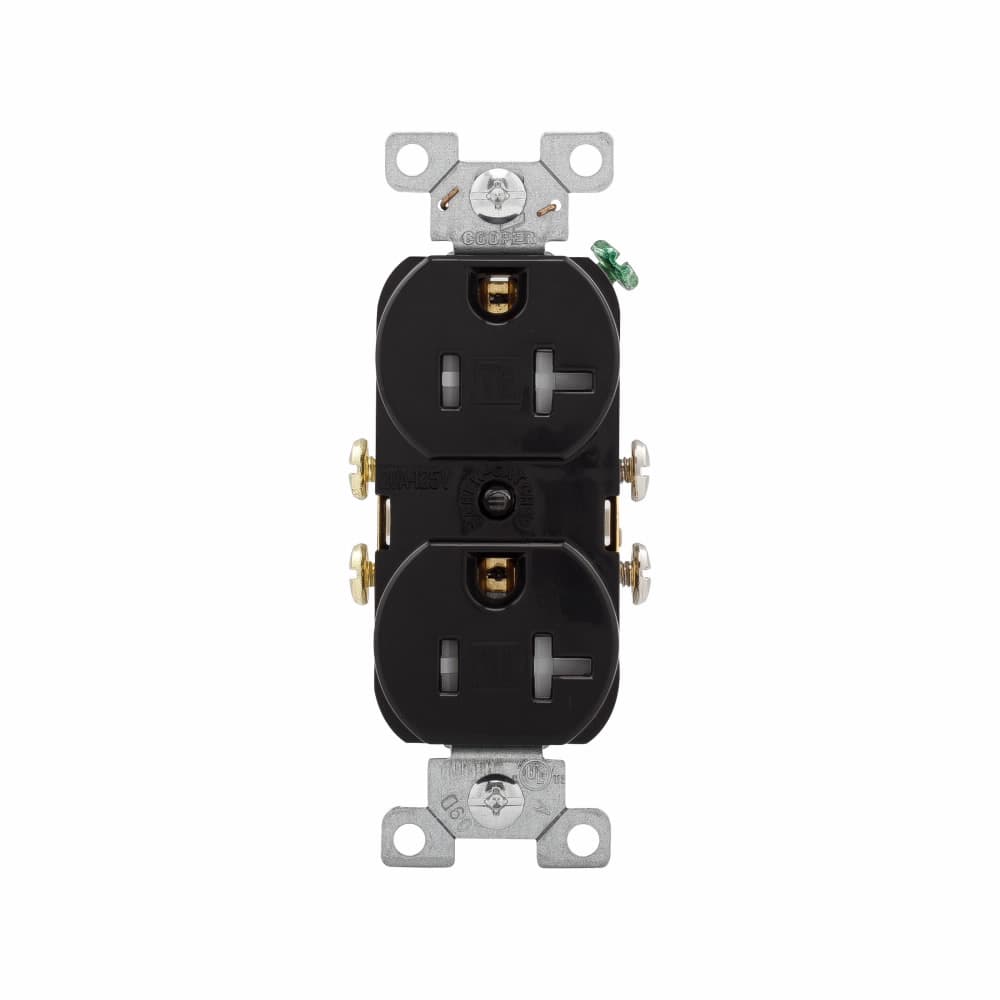 Eaton TRCR20BK TRCR20BK Eaton - Eaton commercial specification grade duplex receptacle, #14-10 AWG, 20A, Commercial, Flush, 125V, Side wire, Black, Brass, Impact-resistant nylon face, PVC body, 5-20R, Duplex, Screw, PVC, Core pack Eaton TRCR20BK TRCR20BK Eaton - Eaton commercial specification grade duplex receptacle, #14-10 AWG, 20A, Commercial, Flush, 125V, Side wire, Black, Brass, Impact-resistant nylon face, PVC body, 5-20R, Duplex, Screw, PVC, Core pack