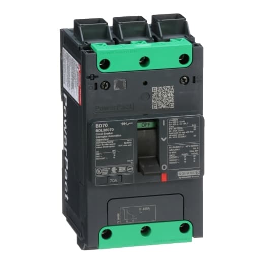 Schneider Electric BDL36070 Square D by Schneider Electric BDL36070 is a Moulded Case Circuit Breaker (MCCB) within the PowerPacT BDL sub-range, featuring a PowerPact B-Frame 100 TMD 3P 70A design for 600Y/347Vac with a 14kA breaking capacity and 80% rated Everlink (Creep compensating) lugs on both line and load sides. It has a rated impulse voltage (Uimp) of 8 kV and offers a degree of protection of IP40. The rated current is 70A, with a rated voltage (AC) of 600Vac 600Y/347Vac. It boasts a mechanical durability of 20,000 operations at no load and can be mounted on a DIN rail or as an individual unit on a plate. This 3-pole (3P) circuit breaker has dimensions of 137 mm in height, 80 mm in depth, and 81 mm in width. It falls under utilisation category A and features over-current protection fixed at 70A, short-circuit hold current fixed at 640A, and short-circuit trip current fixed at 960A. The rated voltage (DC) is 250Vdc, with a rated insulation voltage (Ui) of 800 V and a rated operating voltage (Ue) of 525 V. It provides thermal protection for overload and magnetic protection for short-circuits, with a trip current rating of 70 AT and an electrical durability of 10,000 operations with load at 440Vac. The frame current rating is 100 AF, and it operates via a toggle (manual) mechanism. The short circuit breaking rating varies by voltage, with 25kA at 240Vac, 18kA at 480Vac and 480Y/277Vac, and 14kA at 600Y/347Vac according to UL489 standards. The trip unit type is thermal-magnetic (fixed) without a display. Schneider Electric BDL36070 Square D by Schneider Electric BDL36070 is a Moulded Case Circuit Breaker (MCCB) within the PowerPacT BDL sub-range, featuring a PowerPact B-Frame 100 TMD 3P 70A design for 600Y/347Vac with a 14kA breaking capacity and 80% rated Everlink (Creep compensating) lugs on both line and load sides. It has a rated impulse voltage (Uimp) of 8 kV and offers a degree of protection of IP40. The rated current is 70A, with a rated voltage (AC) of 600Vac 600Y/347Vac. It boasts a mechanical durability of 20,000 operations at no load and can be mounted on a DIN rail or as an individual unit on a plate. This 3-pole (3P) circuit breaker has dimensions of 137 mm in height, 80 mm in depth, and 81 mm in width. It falls under utilisation category A and features over-current protection fixed at 70A, short-circuit hold current fixed at 640A, and short-circuit trip current fixed at 960A. The rated voltage (DC) is 250Vdc, with a rated insulation voltage (Ui) of 800 V and a rated operating voltage (Ue) of 525 V. It provides thermal protection for overload and magnetic protection for short-circuits, with a trip current rating of 70 AT and an electrical durability of 10,000 operations with load at 440Vac. The frame current rating is 100 AF, and it operates via a toggle (manual) mechanism. The short circuit breaking rating varies by voltage, with 25kA at 240Vac, 18kA at 480Vac and 480Y/277Vac, and 14kA at 600Y/347Vac according to UL489 standards. The trip unit type is thermal-magnetic (fixed) without a display.