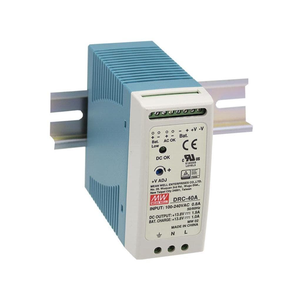 MEAN WELL DRC-40A AC-DC Industrial DIN rail with UPS function; Output 13.8VDC at 1.9A + 13.8VDC at 1A; with battery charger output MEAN WELL DRC-40A AC-DC Industrial DIN rail with UPS function; Output 13.8VDC at 1.9A + 13.8VDC at 1A; with battery charger output