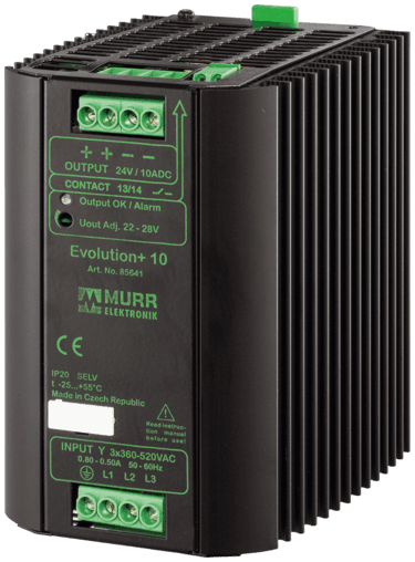 Murr Elektronik 85641 85641 Murrelektronik - EVOLUTION+ POWER SUPPLY 3-PHASE, IN: 360-520VAC OUT: 22-28V/10ADC, Extra-power - for 4 seconds 50% additional power, Alarm Contact and varnished PCB Murr Elektronik 85641 85641 Murrelektronik - EVOLUTION+ POWER SUPPLY 3-PHASE, IN: 360-520VAC OUT: 22-28V/10ADC, Extra-power - for 4 seconds 50% additional power, Alarm Contact and varnished PCB