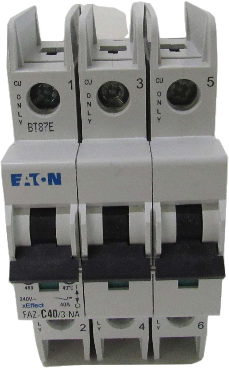 Eaton FAZ-C40/3-NA 277/480 VAC 50/60 Hz, 40 A, 3-Pole, 10/14 kA, 5 to 10 x Rated Current, Screw Terminal, DIN Rail Mount, Standard Packaging, C-Curve, Current Limiting, Thermal Magnetic Eaton FAZ-C40/3-NA 277/480 VAC 50/60 Hz, 40 A, 3-Pole, 10/14 kA, 5 to 10 x Rated Current, Screw Terminal, DIN Rail Mount, Standard Packaging, C-Curve, Current Limiting, Thermal Magnetic