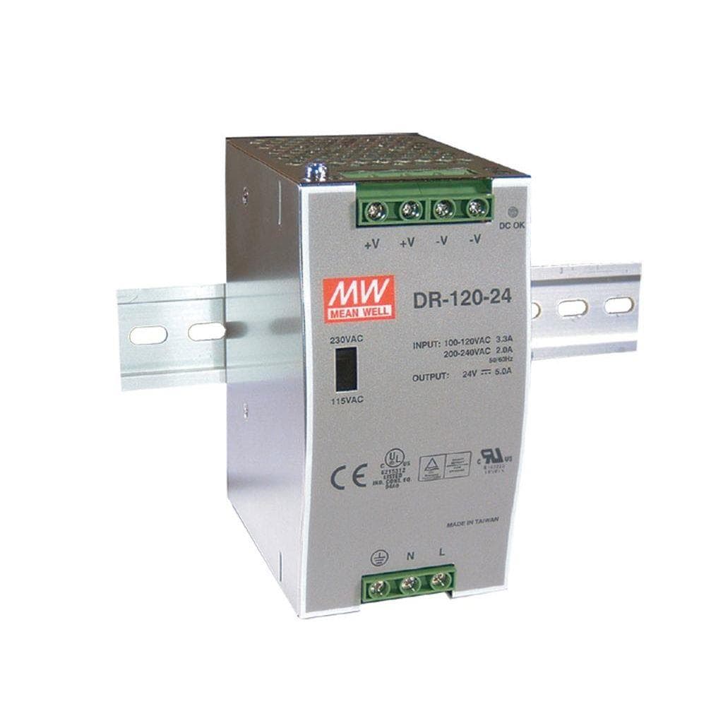 MEAN WELL DR-120-24 AC-DC Industrial DIN rail power supply; Output 24Vdc at 5A; metal case; DR-120-24 is succeeded by NDR-120-24. MEAN WELL DR-120-24 AC-DC Industrial DIN rail power supply; Output 24Vdc at 5A; metal case; DR-120-24 is succeeded by NDR-120-24.