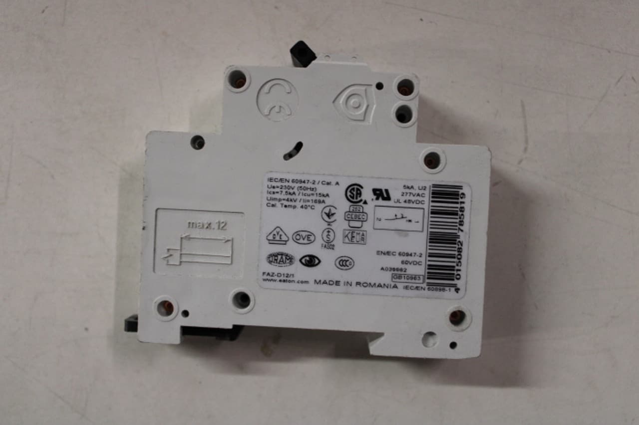 Eaton FAZ-D12/1 277/480 VAC 50/60 Hz, 12 A, 1-Pole, 10 kA, 10 to 20 x Rated Current, Line/Load Terminal, DIN Rail Mount, Standard Packaging, D-Curve, Current Limiting, Thermal Magnetic, Supplementary Protector Eaton FAZ-D12/1 277/480 VAC 50/60 Hz, 12 A, 1-Pole, 10 kA, 10 to 20 x Rated Current, Line/Load Terminal, DIN Rail Mount, Standard Packaging, D-Curve, Current Limiting, Thermal Magnetic, Supplementary Protector