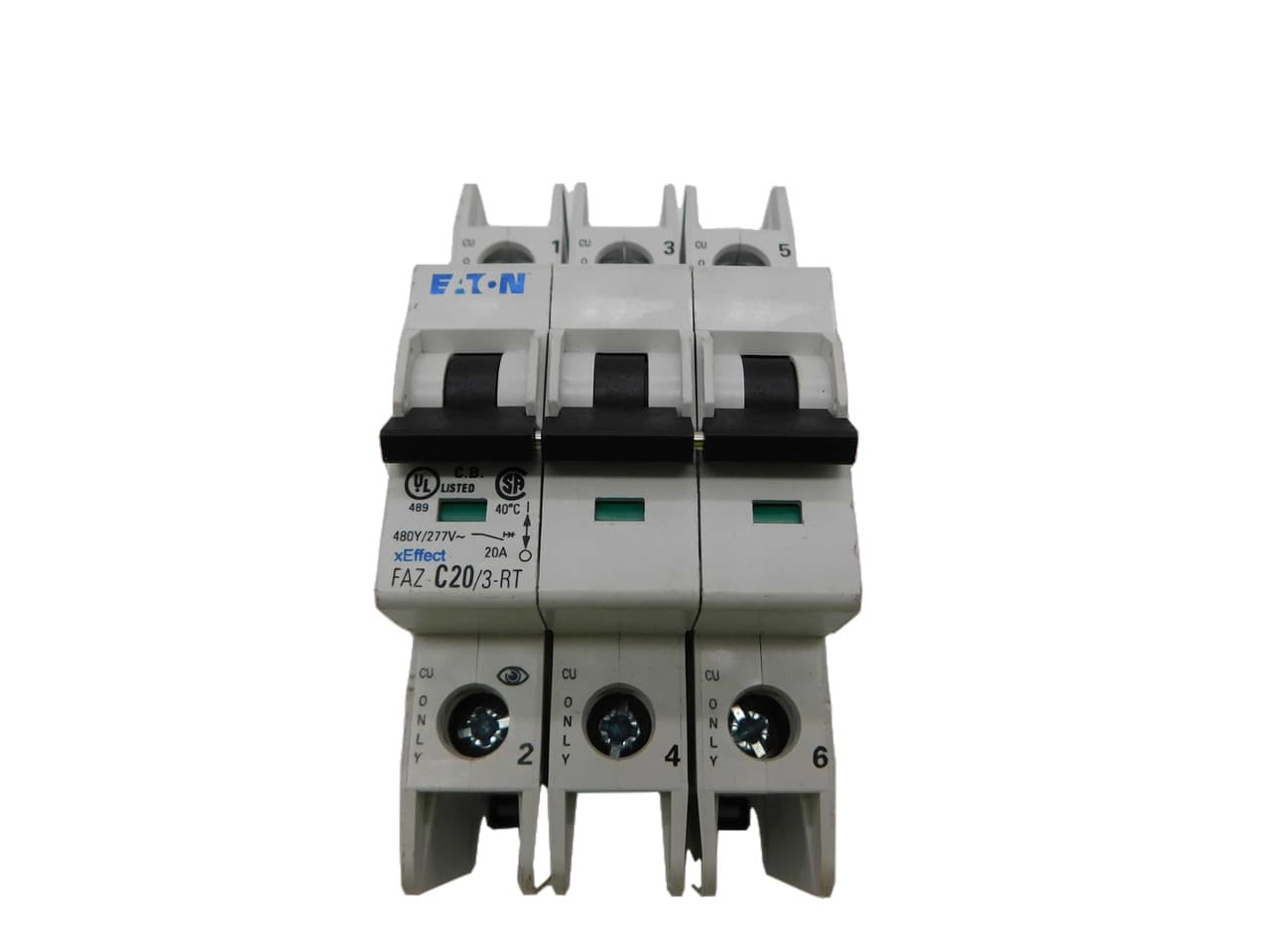Eaton FAZ-C20/3-RT 277/480 VAC 50/60 Hz, 20 A, 3-Pole, 10/14 kA, 5 to 10 x Rated Current, Ring Tongue Terminal, DIN Rail Mount, Standard Packaging, C-Curve, Current Limiting, Thermal Magnetic Eaton FAZ-C20/3-RT 277/480 VAC 50/60 Hz, 20 A, 3-Pole, 10/14 kA, 5 to 10 x Rated Current, Ring Tongue Terminal, DIN Rail Mount, Standard Packaging, C-Curve, Current Limiting, Thermal Magnetic