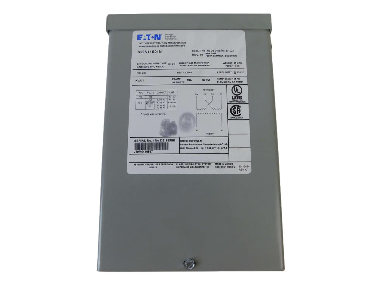 Eaton S29N11S01N S29N11S01N Eaton - Eaton General purpose encapsulated transformer, EP, aluminum, NEMA 3R, 59A, 60 Hz, single-phase, 208 V, 120/240 V, NONE, 115 °C rise, 1 KVA, indoor-outdoor, 26A Eaton S29N11S01N S29N11S01N Eaton - Eaton General purpose encapsulated transformer, EP, aluminum, NEMA 3R, 59A, 60 Hz, single-phase, 208 V, 120/240 V, NONE, 115 °C rise, 1 KVA, indoor-outdoor, 26A