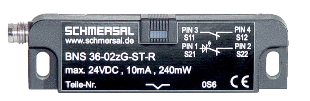 Schmersal BNS 36-02/10ZG-R 5,0M Safety sensors; Magnetic safety sensors; Thermoplastic enclosure; Long life; no mechanical wear; 88 mm x 25 mm x 13 mm; Concealed mounting possible; Insensitive to transverse misalignment; Insensitive to soiling Schmersal BNS 36-02/10ZG-R 5,0M Safety sensors; Magnetic safety sensors; Thermoplastic enclosure; Long life; no mechanical wear; 88 mm x 25 mm x 13 mm; Concealed mounting possible; Insensitive to transverse misalignment; Insensitive to soiling