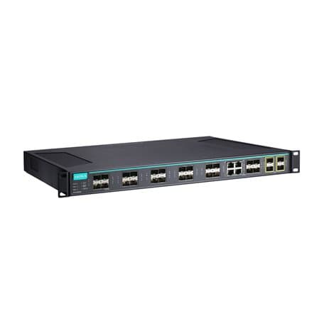 Moxa ICS-G7828A-20GSFP-4XG-HV-HV-T Layer 3 full Gigabit managed Ethernet switch with 20 100/1000BaseSFP slots, 4 10/100/1000BaseT(X) or 100/1000BaseSFP slot combo ports, 4 10GbE SFP+ slots, 2 isolated power supplies (85 to 264 VAC), -40 to 75°C operating temperature Moxa ICS-G7828A-20GSFP-4XG-HV-HV-T Layer 3 full Gigabit managed Ethernet switch with 20 100/1000BaseSFP slots, 4 10/100/1000BaseT(X) or 100/1000BaseSFP slot combo ports, 4 10GbE SFP+ slots, 2 isolated power supplies (85 to 264 VAC), -40 to 75°C operating temperature