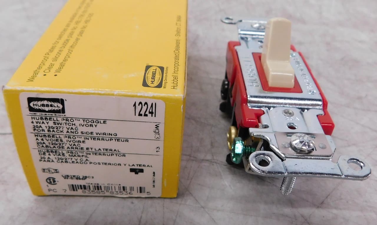 Hubbell 1224I Switches and Lighting Controls, Hubbell- PRO Series, ToggleSwitches, General Purpose AC, Four Way, 20A 120/277V AC, Back and SideWired, Ivory ; Steel, zinc plated bridge is corrosion resistant ; Color Coded by Amperage makes inspection easy even when ins Hubbell 1224I Switches and Lighting Controls, Hubbell- PRO Series, ToggleSwitches, General Purpose AC, Four Way, 20A 120/277V AC, Back and SideWired, Ivory ; Steel, zinc plated bridge is corrosion resistant ; Color Coded by Amperage makes inspection easy even when ins