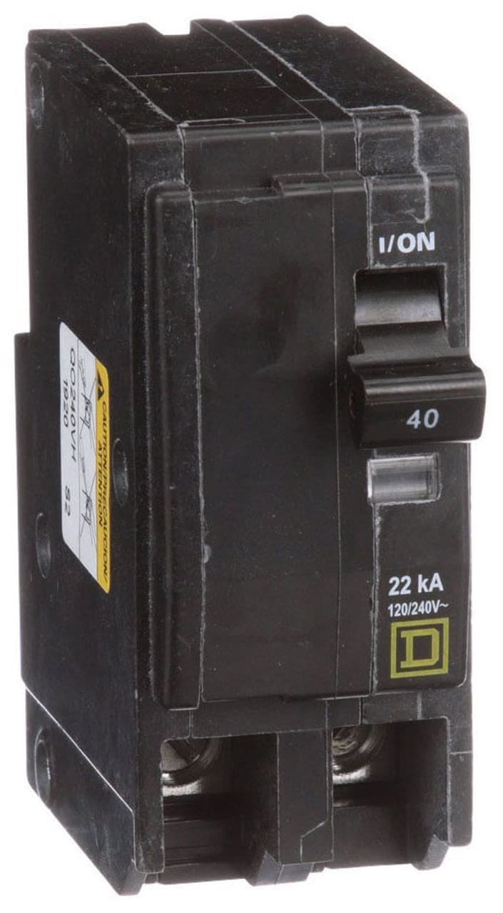 Schneider Electric QO240VH Square D by Schneider Electric QO240VH is a Miniature Circuit Breaker (MCB) designed for plug-in mounting. It features a rated current of 40A and accommodates a plug-in connection type. This MCB operates at a rated voltage of 120V to 240V AC and is compatible with 8-2AWG (1 cable Al/Cu) cross-section. It is a 2 Pole circuit breaker with a short circuit breaking rating of 22kA at 240Vac. The QO240VH is equipped with box lugs type of terminals. Schneider Electric QO240VH Square D by Schneider Electric QO240VH is a Miniature Circuit Breaker (MCB) designed for plug-in mounting. It features a rated current of 40A and accommodates a plug-in connection type. This MCB operates at a rated voltage of 120V to 240V AC and is compatible with 8-2AWG (1 cable Al/Cu) cross-section. It is a 2 Pole circuit breaker with a short circuit breaking rating of 22kA at 240Vac. The QO240VH is equipped with box lugs type of terminals.