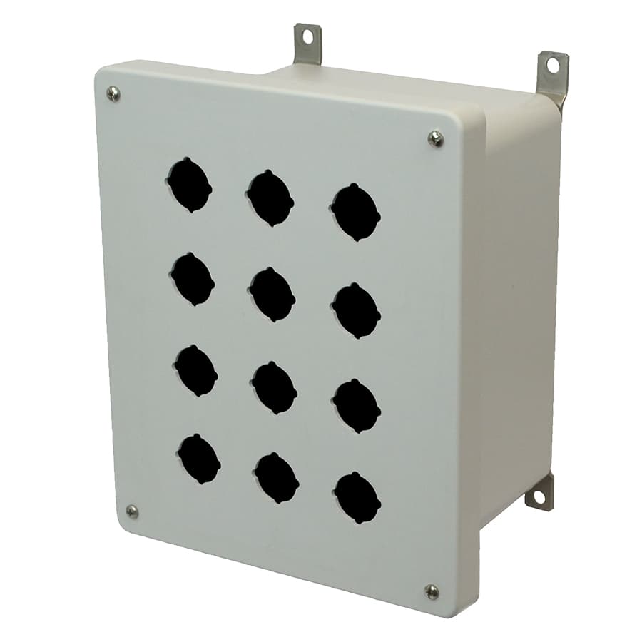 Allied Moulded Products AM1086P12 10"x8"x6" AM Series fiberglass wall mount enclosure assembly with 4-screw lift-off cover and 12 pushbutton holes Allied Moulded Products AM1086P12 10"x8"x6" AM Series fiberglass wall mount enclosure assembly with 4-screw lift-off cover and 12 pushbutton holes
