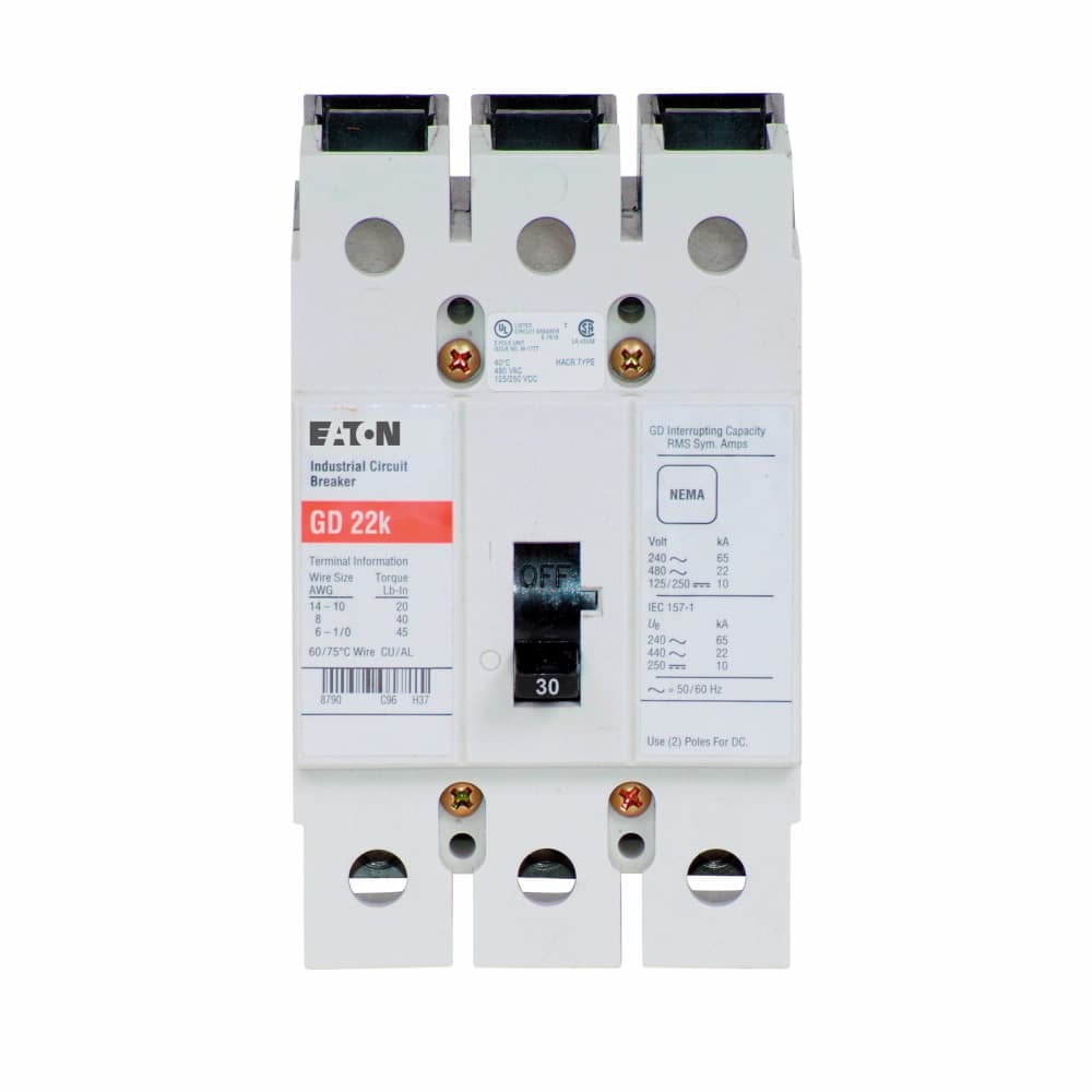 Eaton GD3030 GD3030 Eaton - Eaton Series C complete molded case circuit breaker, G-frame, GD, Complete breaker, Fixed thermal, fixed magnetic trip type, Three-pole, 30A, 480 Vac, 125/250 Vdc, 65 kAIC at 240 Vac, 14 kAIC at 480 Vac, 50/60 Hz Eaton GD3030 GD3030 Eaton - Eaton Series C complete molded case circuit breaker, G-frame, GD, Complete breaker, Fixed thermal, fixed magnetic trip type, Three-pole, 30A, 480 Vac, 125/250 Vdc, 65 kAIC at 240 Vac, 14 kAIC at 480 Vac, 50/60 Hz