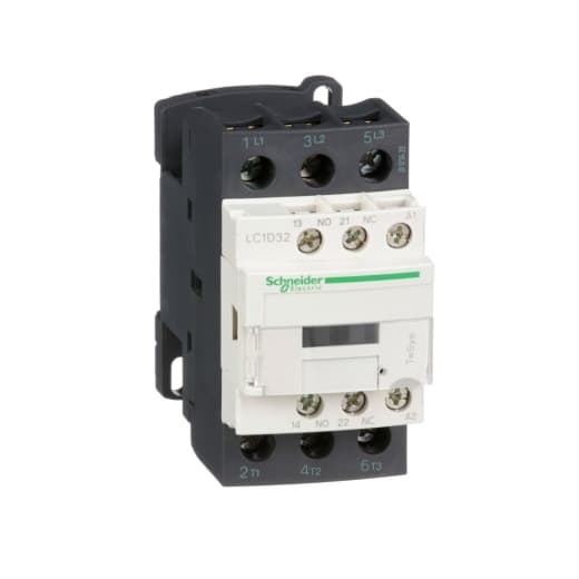 Schneider Electric LC1D32B7 Schneider Electric LC1D32B7 is a magnetic contactor from the Deca sub-range, featuring screw connections and designed for 3-pole (3NO) operation. It has a rated current of 50A for AC-1 and 32A for AC-3 at 440Vac, with a mounting mode suitable for DIN rail installation. The net width of the contactor is 45 mm, and it offers a degree of protection rated at IP20. The control voltage (AC) ranges from 19.2-26.4Vac at 50Hz and 20.4-26.4Vac at 60Hz, with a nominal control voltage of 24Vac. Its rated operating voltage (Ue) is up to 690 V, and it includes 1 normally open (NO) auxiliary contact. The rated impulse voltage (Uimp) is 6 kV, and the rated active power spans from 7.5kW at 220-230Vac to 18.5kW at 660-690Vac in AC-3 operation. Additionally, it features 1 normally closed (NC) auxiliary contact and instantaneous auxiliary contacts type of 1NO+1NC. The rated power in horsepower (HP) varies from 2HP at 115Vac in single-phase to 25HP at 575-600Vac in three-phase, under UL/CSA standards. The mechanical durability of the LC1D32B7 is rated at 15 million operations at no load, and its electrical durability with load is 1.6 million operations. The rated voltage for phase-to-phase operation is 690 V. Schneider Electric LC1D32B7 Schneider Electric LC1D32B7 is a magnetic contactor from the Deca sub-range, featuring screw connections and designed for 3-pole (3NO) operation. It has a rated current of 50A for AC-1 and 32A for AC-3 at 440Vac, with a mounting mode suitable for DIN rail installation. The net width of the contactor is 45 mm, and it offers a degree of protection rated at IP20. The control voltage (AC) ranges from 19.2-26.4Vac at 50Hz and 20.4-26.4Vac at 60Hz, with a nominal control voltage of 24Vac. Its rated operating voltage (Ue) is up to 690 V, and it includes 1 normally open (NO) auxiliary contact. The rated impulse voltage (Uimp) is 6 kV, and the rated active power spans from 7.5kW at 220-230Vac to 18.5kW at 660-690Vac in AC-3 operation. Additionally, it features 1 normally closed (NC) auxiliary contact and instantaneous auxiliary contacts type of 1NO+1NC. The rated power in horsepower (HP) varies from 2HP at 115Vac in single-phase to 25HP at 575-600Vac in three-phase, under UL/CSA standards. The mechanical durability of the LC1D32B7 is rated at 15 million operations at no load, and its electrical durability with load is 1.6 million operations. The rated voltage for phase-to-phase operation is 690 V.