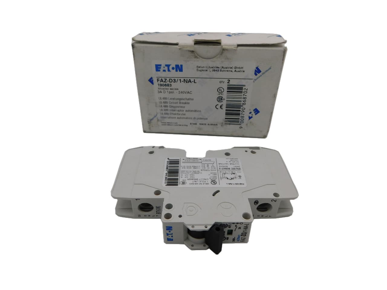 Eaton FAZ-D3/1-NA-L Miniature circuir breaker, 1 pole, 3 A, D trip curve, 240 VAC, screw terminals, UL489 Eaton FAZ-D3/1-NA-L Miniature circuir breaker, 1 pole, 3 A, D trip curve, 240 VAC, screw terminals, UL489