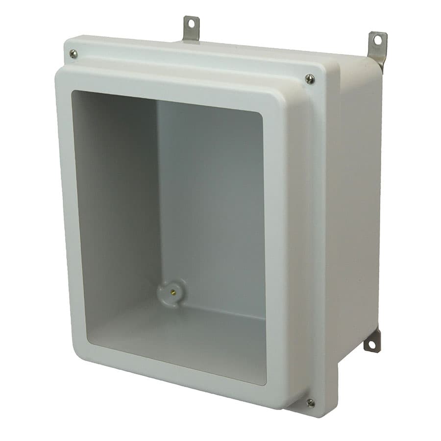 Allied Moulded Products AM1426RW 14"x12"x6" AM-R Series fiberglass wall mount enclosure assembly with raised 4-screw lift-off window cover Allied Moulded Products AM1426RW 14"x12"x6" AM-R Series fiberglass wall mount enclosure assembly with raised 4-screw lift-off window cover