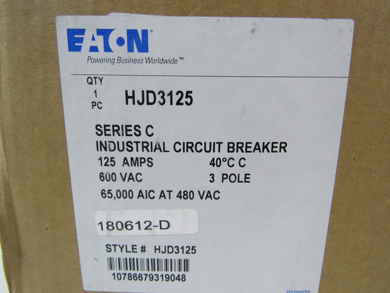 Eaton HJD3125 HJD3125 Eaton - Eaton Series C complete molded case circuit breaker, J-frame, HJD, Fixed thermal, Fixed magnetic trip, Three-pole, 125 A, 600 Vac, 250 Vdc, 100 kAIC at 240 Vac, 65 kAIC at 480 Vac, Aluminum, Line and load, 50/60 Hz Eaton HJD3125 HJD3125 Eaton - Eaton Series C complete molded case circuit breaker, J-frame, HJD, Fixed thermal, Fixed magnetic trip, Three-pole, 125 A, 600 Vac, 250 Vdc, 100 kAIC at 240 Vac, 65 kAIC at 480 Vac, Aluminum, Line and load, 50/60 Hz