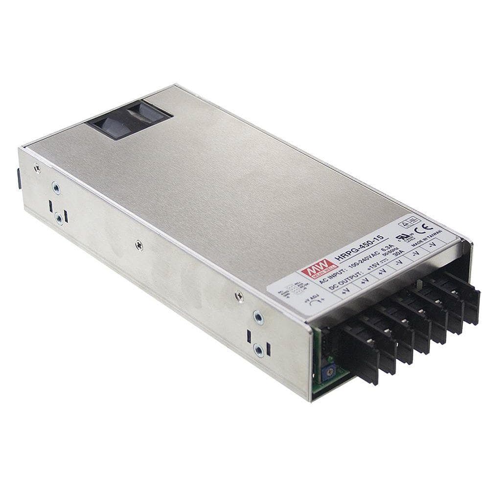 MEAN WELL HRPG-450-12 AC-DC Single output enclosed power supply; Output 15Vdc at 37.5A; 1U low profile; fan cooling; remote on/off + 5Vdc at 0.3A standby MEAN WELL HRPG-450-12 AC-DC Single output enclosed power supply; Output 15Vdc at 37.5A; 1U low profile; fan cooling; remote on/off + 5Vdc at 0.3A standby