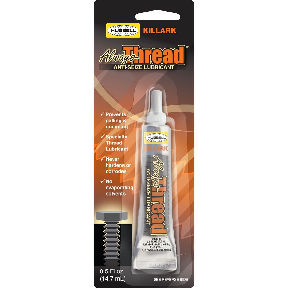 Hubbell LUBG-05 .5 OZ Thread Lubricant ; Anti-seize lubricant in a squeezable tube for convenience of carrying in a pocket. ; Does not contain any evaporating solvents. ; Does not harden or corrode. ; Operating temperature 0°F to 125°F ; Prevents galling and damage to t Hubbell LUBG-05 .5 OZ Thread Lubricant ; Anti-seize lubricant in a squeezable tube for convenience of carrying in a pocket. ; Does not contain any evaporating solvents. ; Does not harden or corrode. ; Operating temperature 0°F to 125°F ; Prevents galling and damage to t