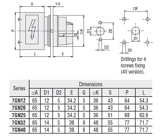 Lovato Electric 7GN4008U25 7GN4008U25 Lovato - Rotary cam switch 7GN series, ON-OFF switch 4 poles 40A, for front mounting with red/yellow handle padlockable in 0 and protection covers, front plate 65X65mm Lovato Electric 7GN4008U25 7GN4008U25 Lovato - Rotary cam switch 7GN series, ON-OFF switch 4 poles 40A, for front mounting with red/yellow handle padlockable in 0 and protection covers, front plate 65X65mm