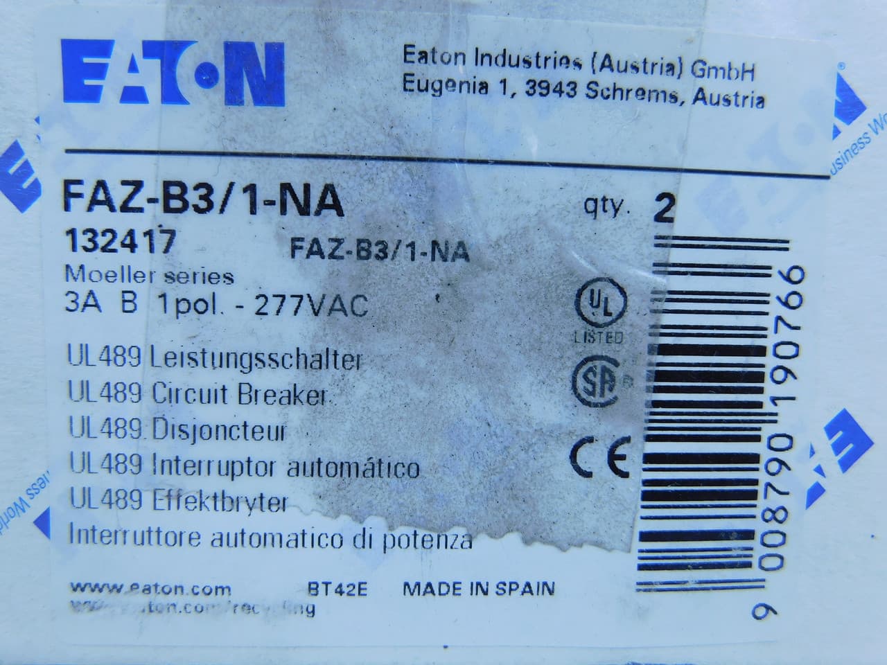 Eaton FAZ-B3/1-NA 277/480 VAC 50/60 Hz, 3 A, 1-Pole, 10/14 kA, 3 to 5 x Rated Current, Screw Terminal, DIN Rail Mount, Standard Packaging, B-Curve, Current Limiting, Thermal Magnetic Eaton FAZ-B3/1-NA 277/480 VAC 50/60 Hz, 3 A, 1-Pole, 10/14 kA, 3 to 5 x Rated Current, Screw Terminal, DIN Rail Mount, Standard Packaging, B-Curve, Current Limiting, Thermal Magnetic