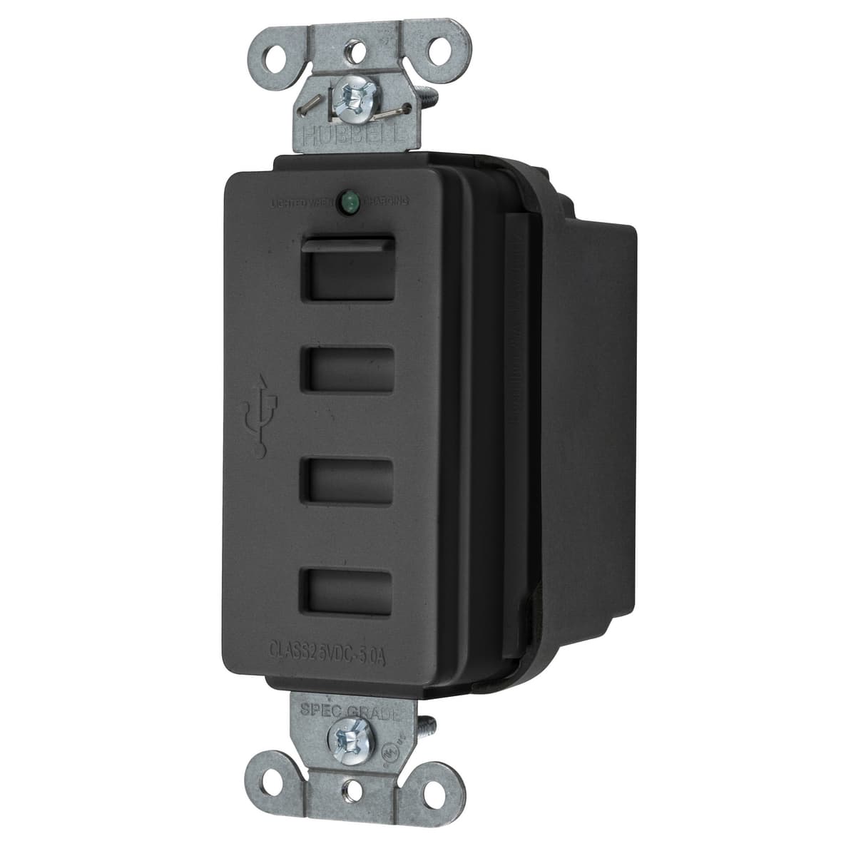 Hubbell USB4BK Straight Blade Devices, Receptacles, Duplex, Four USB Type 2.0 Ports 5 Amp 5 Volt DC Decorator, 125V, 2-Pole 3-Wire Grounding, Black ; Four USB ports 5 Amp, 5V DC, type A, class 2.0 ; Switch activated port door; when open enables power; when closed, all Hubbell USB4BK Straight Blade Devices, Receptacles, Duplex, Four USB Type 2.0 Ports 5 Amp 5 Volt DC Decorator, 125V, 2-Pole 3-Wire Grounding, Black ; Four USB ports 5 Amp, 5V DC, type A, class 2.0 ; Switch activated port door; when open enables power; when closed, all