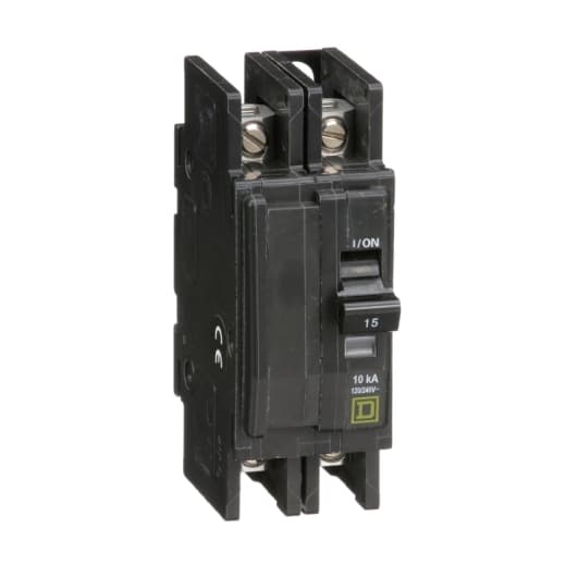 Schneider Electric QOU215 Square D by Schneider Electric QOU215 is a unit-mount Miniature Circuit Breaker (MCB) designed for securing electrical circuits. It features a 2-pole configuration and accommodates a wire cross-section of 14-2AWG for both aluminum and copper cables. This MCB is rated for a current of 15A and offers dual voltage operation with ratings of 120V and 240V AC, as well as 48V DC. The QOU215 is equipped with slotted box lugs connections on both the load and line sides for secure attachment. It boasts a short circuit breaking rating of 10kA at 240V AC and 5kA at 48V DC, ensuring protection against overcurrents. The terminals are designed as box lugs for straightforward installation. Schneider Electric QOU215 Square D by Schneider Electric QOU215 is a unit-mount Miniature Circuit Breaker (MCB) designed for securing electrical circuits. It features a 2-pole configuration and accommodates a wire cross-section of 14-2AWG for both aluminum and copper cables. This MCB is rated for a current of 15A and offers dual voltage operation with ratings of 120V and 240V AC, as well as 48V DC. The QOU215 is equipped with slotted box lugs connections on both the load and line sides for secure attachment. It boasts a short circuit breaking rating of 10kA at 240V AC and 5kA at 48V DC, ensuring protection against overcurrents. The terminals are designed as box lugs for straightforward installation.