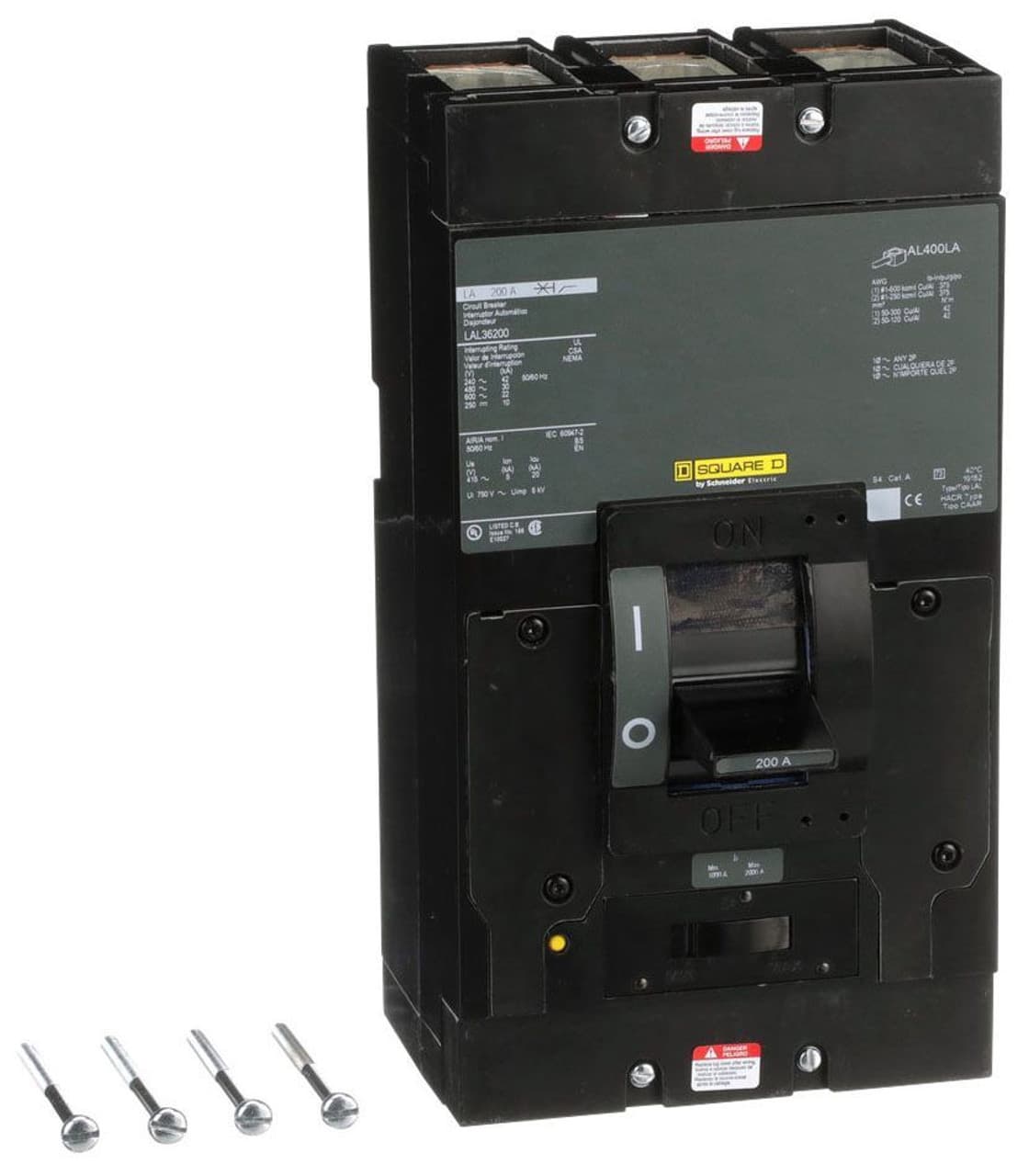 Schneider Electric LAL36200 Square D by Schneider Electric LAL36200 is a Moulded Case Circuit Breaker (MCCB) within the PowerPacT LAL sub-range, featuring a PowerPact LA-Frame 600 TMD design. It is a 3-pole (3P) device with a rated current of 200A and offers thermal protection for overload and magnetic protection for short-circuit scenarios. The breaker has a rated insulation voltage (Ui) of 750 V, an AC rated voltage of 600Vac and 600Y/347Vac, and a DC rated voltage of 250Vdc. It supports a mounting mode of individual unit mount on plate, with dimensions of 280 mm in height, 153 mm in width, and 150 mm in depth. The LAL36200 provides an IP40 degree of protection, operates via a toggle (manual) mechanism, and has protection settings for over-current fixed at 200A and short-circuit pickup current adjustable between 1000A and 2000A. Its rated operating voltage (Ue) is 600 V, with a rated impulse voltage (Uimp) of 8 kV. The trip current rating is 200 AT, and it has a frame current rating of 600 AF. The short circuit breaking rating varies with voltage, up to 42kA at 240Vac and down to 10kA at 250Vdc, according to UL489 standards. The trip unit type is thermal-magnetic (adjustable) without a display, and it falls under utilisation category A. Connection is facilitated by lugs on both load and line sides. Schneider Electric LAL36200 Square D by Schneider Electric LAL36200 is a Moulded Case Circuit Breaker (MCCB) within the PowerPacT LAL sub-range, featuring a PowerPact LA-Frame 600 TMD design. It is a 3-pole (3P) device with a rated current of 200A and offers thermal protection for overload and magnetic protection for short-circuit scenarios. The breaker has a rated insulation voltage (Ui) of 750 V, an AC rated voltage of 600Vac and 600Y/347Vac, and a DC rated voltage of 250Vdc. It supports a mounting mode of individual unit mount on plate, with dimensions of 280 mm in height, 153 mm in width, and 150 mm in depth. The LAL36200 provides an IP40 degree of protection, operates via a toggle (manual) mechanism, and has protection settings for over-current fixed at 200A and short-circuit pickup current adjustable between 1000A and 2000A. Its rated operating voltage (Ue) is 600 V, with a rated impulse voltage (Uimp) of 8 kV. The trip current rating is 200 AT, and it has a frame current rating of 600 AF. The short circuit breaking rating varies with voltage, up to 42kA at 240Vac and down to 10kA at 250Vdc, according to UL489 standards. The trip unit type is thermal-magnetic (adjustable) without a display, and it falls under utilisation category A. Connection is facilitated by lugs on both load and line sides.
