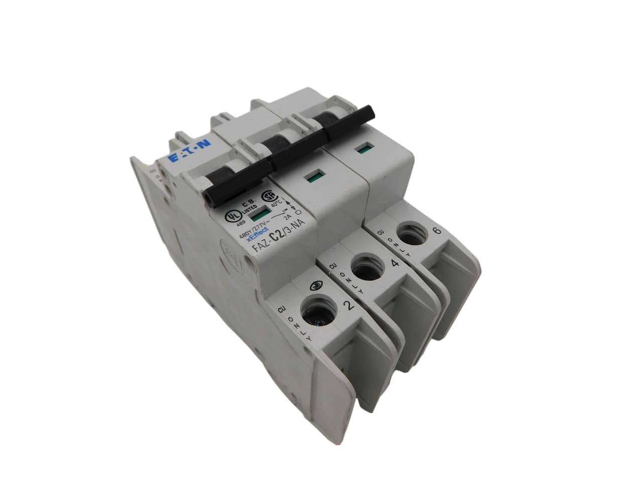 Eaton FAZ-C2/3-NA 277/480 VAC 50/60 Hz, 2 A, 3-Pole, 10/14 kA, 5 to 10 x Rated Current, Screw Terminal, DIN Rail Mount, Standard Packaging, C-Curve, Current Limiting, Thermal Magnetic Eaton FAZ-C2/3-NA 277/480 VAC 50/60 Hz, 2 A, 3-Pole, 10/14 kA, 5 to 10 x Rated Current, Screw Terminal, DIN Rail Mount, Standard Packaging, C-Curve, Current Limiting, Thermal Magnetic