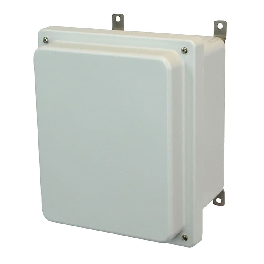 Allied Moulded Products AM864R 8"x6"x4" AM Series fiberglass wall mount enclosure assembly with raised 4-screw lift-off cover Allied Moulded Products AM864R 8"x6"x4" AM Series fiberglass wall mount enclosure assembly with raised 4-screw lift-off cover