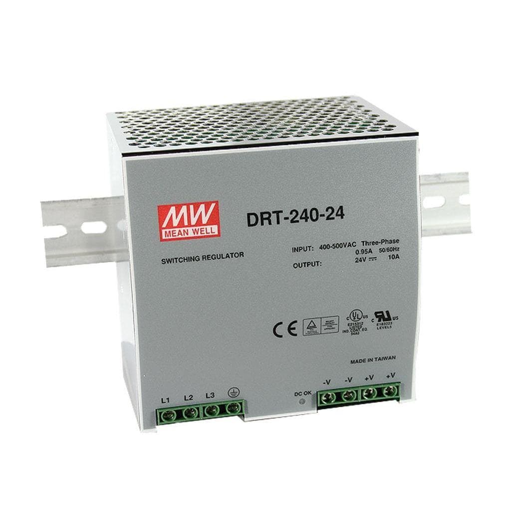 MEAN WELL DRT-240-24 AC-DC Industrial DIN rail power supply; Output 24Vdc at 10A; metal case; 3-phase input; DRT-240-24 is succeeded by TDR-240-24. MEAN WELL DRT-240-24 AC-DC Industrial DIN rail power supply; Output 24Vdc at 10A; metal case; 3-phase input; DRT-240-24 is succeeded by TDR-240-24.