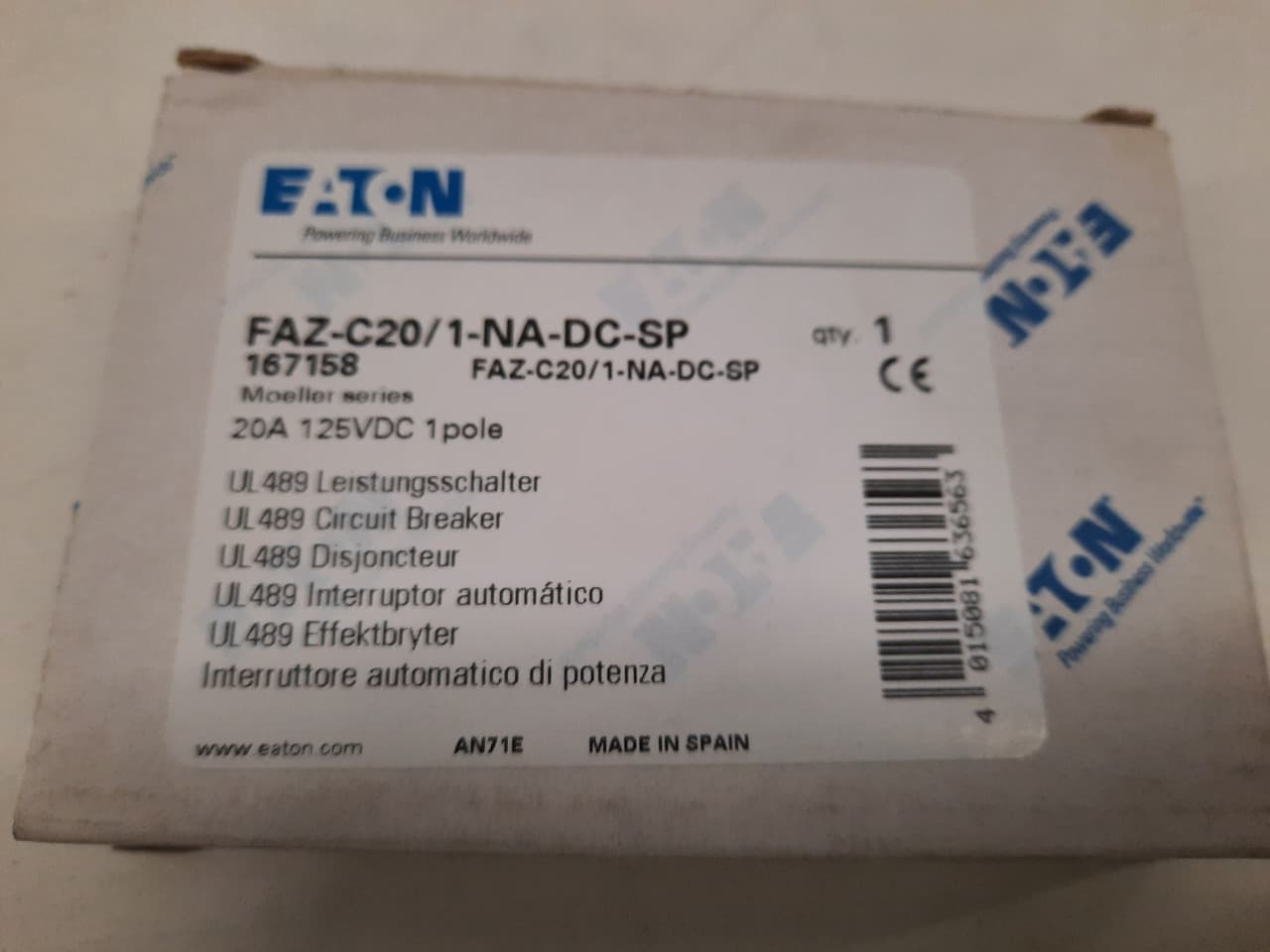 Eaton FAZ-C20/1-NA-DC-SP Eaton FAZ branch protector,UL 489 Industrial miniature circuit breaker-supplementary protector,Single package,Medium levels of inrush current are expected,20A,10 kAIC,Single-pole,125 Vdc per pole,5-10X/n,Q38,50-60 Hz,Screw terminals,C Curve Eaton FAZ-C20/1-NA-DC-SP Eaton FAZ branch protector,UL 489 Industrial miniature circuit breaker-supplementary protector,Single package,Medium levels of inrush current are expected,20A,10 kAIC,Single-pole,125 Vdc per pole,5-10X/n,Q38,50-60 Hz,Screw terminals,C Curve