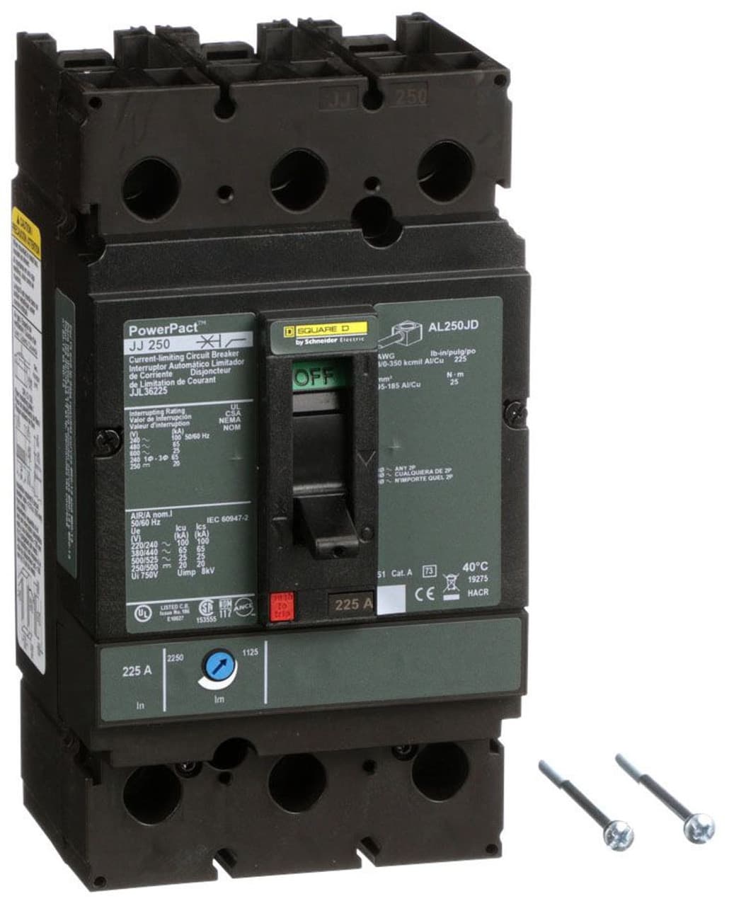 Schneider Electric JJL36225 Square D by Schneider Electric JJL36225 is a Moulded Case Circuit Breaker (MCCB) within the PowerPacT JJL sub-range, featuring a PowerPact J-Frame design. This 3-pole circuit breaker is rated at 225A with a rated insulation voltage of 750 V and operates at a rated voltage of 600Vac or 600Y/347Vac for AC circuits, and 250Vdc for DC circuits. It is designed for individual unit mount on plate with a net height of 191 mm, width of 105 mm, and depth of 127 mm. The JJL36225 offers thermal protection for overload scenarios and magnetic protection for short-circuit conditions, with a degree of protection rated at IP40. Its operating mode is manual toggle, and it features over-current protection fixed at 225A and short-circuit pickup current adjustable between 1125A and 2250A. The rated operating voltage stands at 690 V, with a rated impulse voltage of 8 kV. The trip current rating is 225 AT, and the frame current rating is 250 AF. It has a short circuit breaking rating of up to 100kA at 240Vac, 65kA at 480Vac and 480Y/277Vac, 25kA at 600Vac and 600Y/347Vac, and 20kA at 250Vdc, all in accordance with UL489 standards. The trip unit type is thermal-magnetic, adjustable, with no display, and it falls under utilisation category A. Connection is facilitated by lugs on both load and line sides. Schneider Electric JJL36225 Square D by Schneider Electric JJL36225 is a Moulded Case Circuit Breaker (MCCB) within the PowerPacT JJL sub-range, featuring a PowerPact J-Frame design. This 3-pole circuit breaker is rated at 225A with a rated insulation voltage of 750 V and operates at a rated voltage of 600Vac or 600Y/347Vac for AC circuits, and 250Vdc for DC circuits. It is designed for individual unit mount on plate with a net height of 191 mm, width of 105 mm, and depth of 127 mm. The JJL36225 offers thermal protection for overload scenarios and magnetic protection for short-circuit conditions, with a degree of protection rated at IP40. Its operating mode is manual toggle, and it features over-current protection fixed at 225A and short-circuit pickup current adjustable between 1125A and 2250A. The rated operating voltage stands at 690 V, with a rated impulse voltage of 8 kV. The trip current rating is 225 AT, and the frame current rating is 250 AF. It has a short circuit breaking rating of up to 100kA at 240Vac, 65kA at 480Vac and 480Y/277Vac, 25kA at 600Vac and 600Y/347Vac, and 20kA at 250Vdc, all in accordance with UL489 standards. The trip unit type is thermal-magnetic, adjustable, with no display, and it falls under utilisation category A. Connection is facilitated by lugs on both load and line sides.