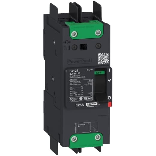Schneider Electric BDF26060 Square D by Schneider Electric BDF26060 is a Moulded Case Circuit Breaker (MCCB) within the PowerPacT BDF sub-range. It features a PowerPact B-Frame 100 TMD 2P-2t design, with a rated current of 60A and a rated voltage of 600Vac 600Y/347Vac. The breaker is designed for fixed busbar connection with a terminal nut kit on both line and load sides, offering a degree of protection of IP40. It has a mechanical durability of 15,000 operations and can be mounted on a DIN rail or as an individual unit on a plate. This 2-pole (2P) device has dimensions of 137 mm in height, 80 mm in depth, and 54 mm in width. It operates within Utilisation category A and provides over-current protection fixed at 60A, short-circuit hold current protection fixed at 640A, and short-circuit trip current protection fixed at 960A. The rated impulse voltage (Uimp) is 8 kV, with a rated insulation voltage (Ui) of 800 V, and a rated operating voltage (Ue) of 525 V. It features thermal and magnetic protection functions, with a trip current rating of 60 AT and an electrical durability of 10,000 operations at 440Vac. The frame current rating is 100 AF, and it operates via a toggle (manual) mode. The short circuit breaking rating varies by voltage, with 25kA at 240Vac, 18kA at 480Vac and 480Y/277Vac, 14kA at 600Y/347Vac, and 10kA at 250Vdc, all according to UL489 standards. The trip unit type is thermal-magnetic (fixed) without a display. Schneider Electric BDF26060 Square D by Schneider Electric BDF26060 is a Moulded Case Circuit Breaker (MCCB) within the PowerPacT BDF sub-range. It features a PowerPact B-Frame 100 TMD 2P-2t design, with a rated current of 60A and a rated voltage of 600Vac 600Y/347Vac. The breaker is designed for fixed busbar connection with a terminal nut kit on both line and load sides, offering a degree of protection of IP40. It has a mechanical durability of 15,000 operations and can be mounted on a DIN rail or as an individual unit on a plate. This 2-pole (2P) device has dimensions of 137 mm in height, 80 mm in depth, and 54 mm in width. It operates within Utilisation category A and provides over-current protection fixed at 60A, short-circuit hold current protection fixed at 640A, and short-circuit trip current protection fixed at 960A. The rated impulse voltage (Uimp) is 8 kV, with a rated insulation voltage (Ui) of 800 V, and a rated operating voltage (Ue) of 525 V. It features thermal and magnetic protection functions, with a trip current rating of 60 AT and an electrical durability of 10,000 operations at 440Vac. The frame current rating is 100 AF, and it operates via a toggle (manual) mode. The short circuit breaking rating varies by voltage, with 25kA at 240Vac, 18kA at 480Vac and 480Y/277Vac, 14kA at 600Y/347Vac, and 10kA at 250Vdc, all according to UL489 standards. The trip unit type is thermal-magnetic (fixed) without a display.
