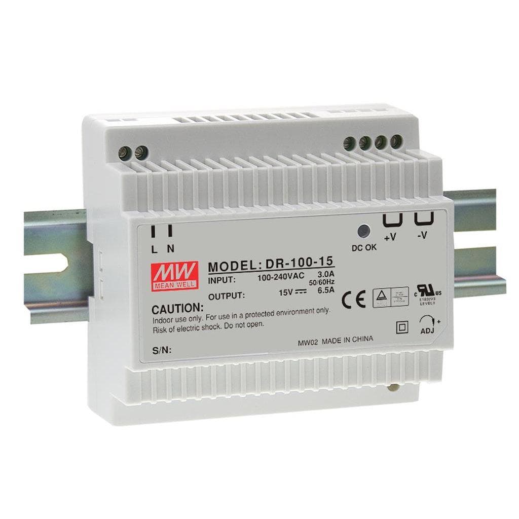 MEAN WELL DR-100-12 AC-DC Industrial DIN rail power supply; Output 12Vdc at 7.5A; plastic T-shape case; DR-100-12 is succeeded by HDR-100-12. MEAN WELL DR-100-12 AC-DC Industrial DIN rail power supply; Output 12Vdc at 7.5A; plastic T-shape case; DR-100-12 is succeeded by HDR-100-12.