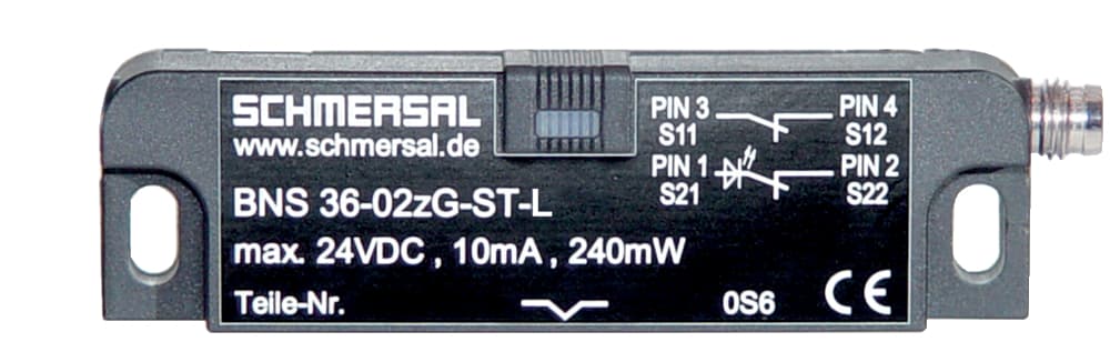 Schmersal BNS 36-11/01ZG-ST-L Safety sensors; Magnetic safety sensors; Connector 8 mm, 6-pole, Latching interlocking; Thermoplastic enclosure; Long life; no mechanical wear; 88 mm x 25 mm x 13 mm; Concealed mounting possible; Insensitive to transverse misalignment; Insensitive to soil Schmersal BNS 36-11/01ZG-ST-L Safety sensors; Magnetic safety sensors; Connector 8 mm, 6-pole, Latching interlocking; Thermoplastic enclosure; Long life; no mechanical wear; 88 mm x 25 mm x 13 mm; Concealed mounting possible; Insensitive to transverse misalignment; Insensitive to soil