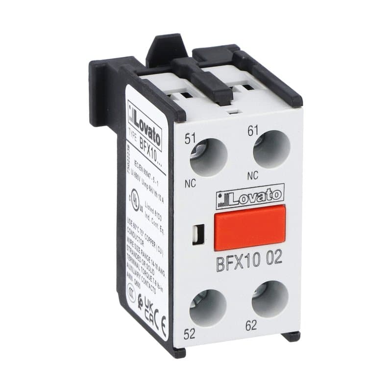 Lovato Electric BFX1002 BFX1002 Lovato - Auxiliary contact with front centre mounting. Screw terminals, for BF00, BF09...BF150 series contactors, 2NC Lovato Electric BFX1002 BFX1002 Lovato - Auxiliary contact with front centre mounting. Screw terminals, for BF00, BF09...BF150 series contactors, 2NC